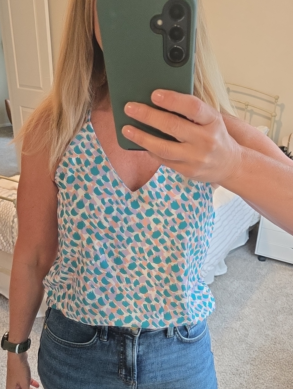 Sleeveless V-Neck Printed Tank Top - Teal Multi